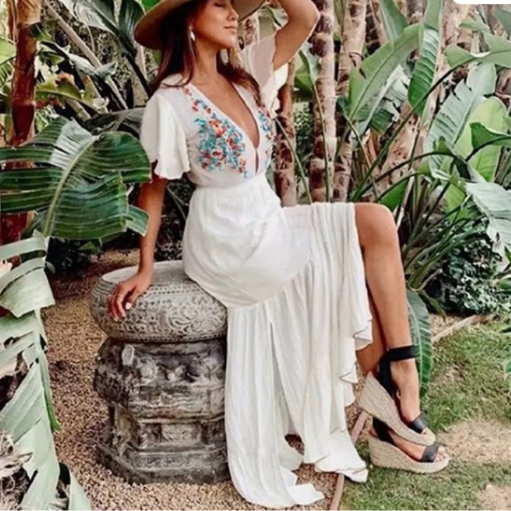 Boho Cotton Beach Dress w/ Floral Embroidered Bust